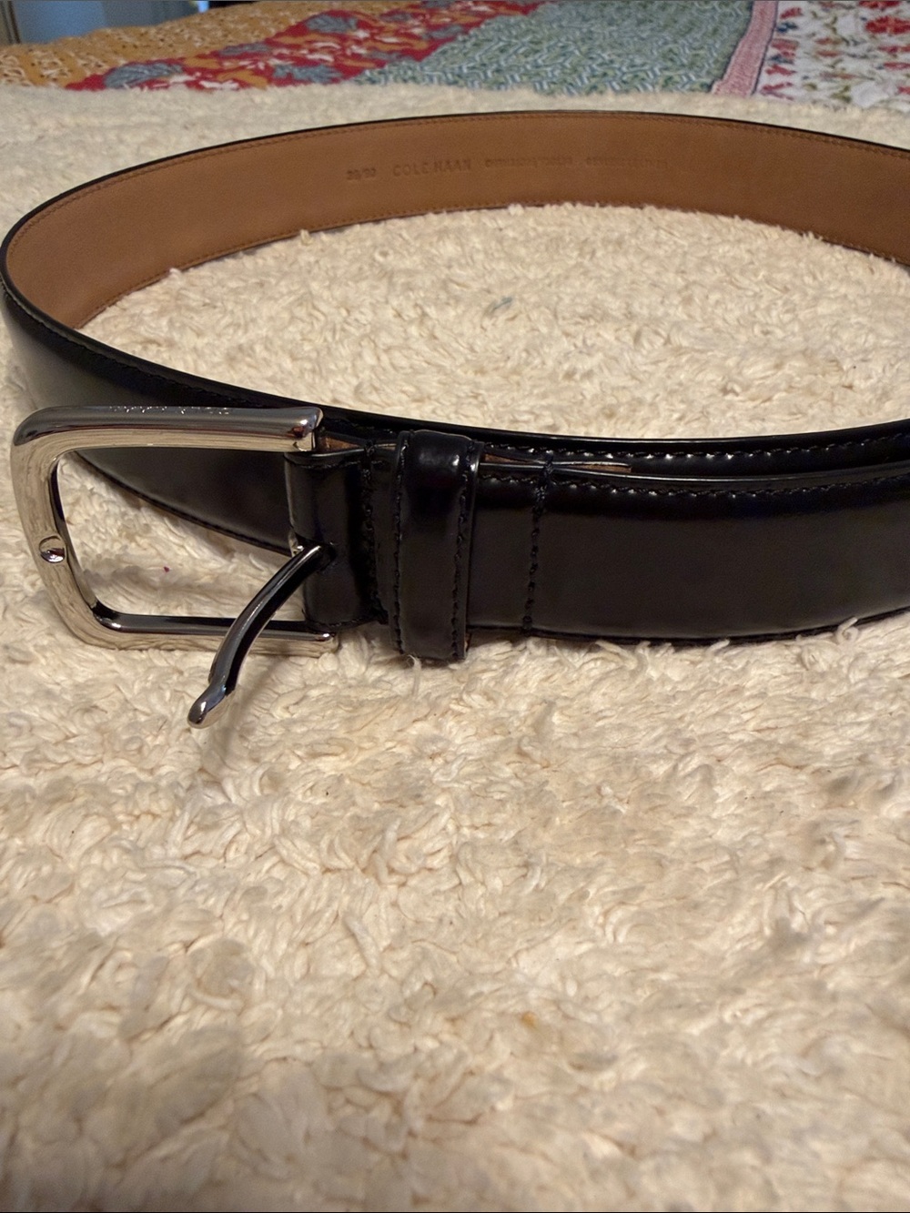 Cole Haan Black Leather Belt with Polished Silver Buckle